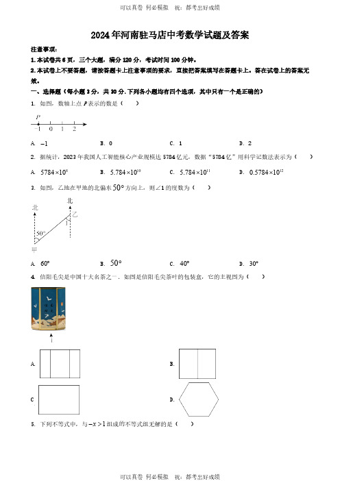 2024年河南驻马店中考数学试题及答案