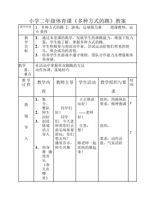 小学二年级体育课《多种方式的跳》教案