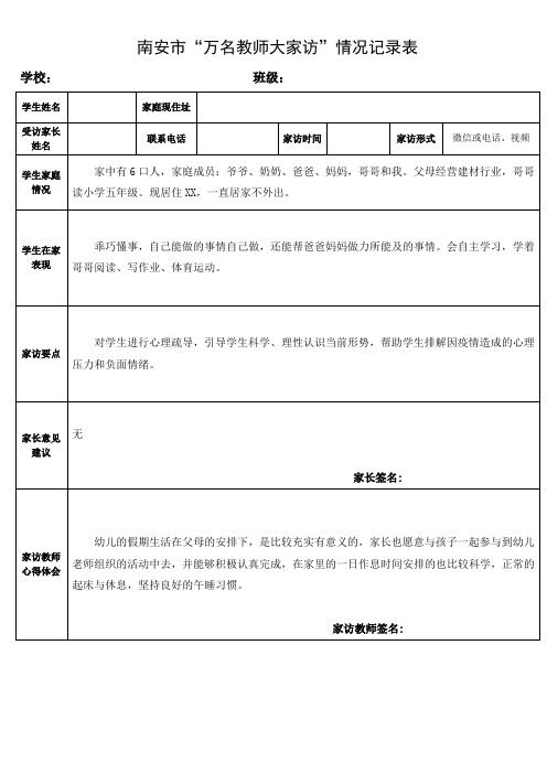 “万名教师大家访”情况记录表(幼儿园疫情期间线上家访记录表)