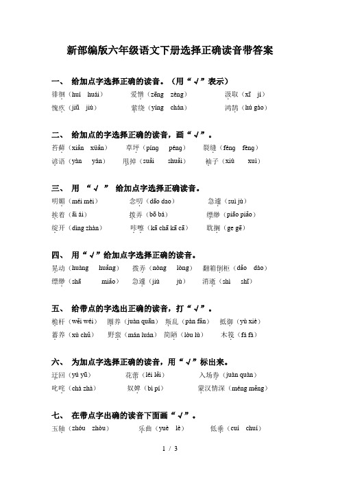 新部编版六年级语文下册选择正确读音带答案