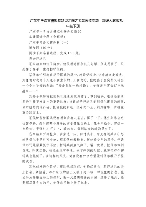 广东中考语文模拟卷题型汇编之名著阅读专题  部编人教版九年级下册