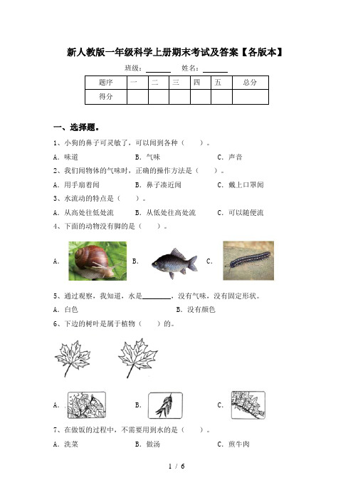 新人教版一年级科学上册期末考试及答案【各版本】