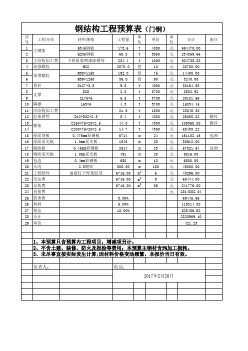 钢结构工程预算表 简单 