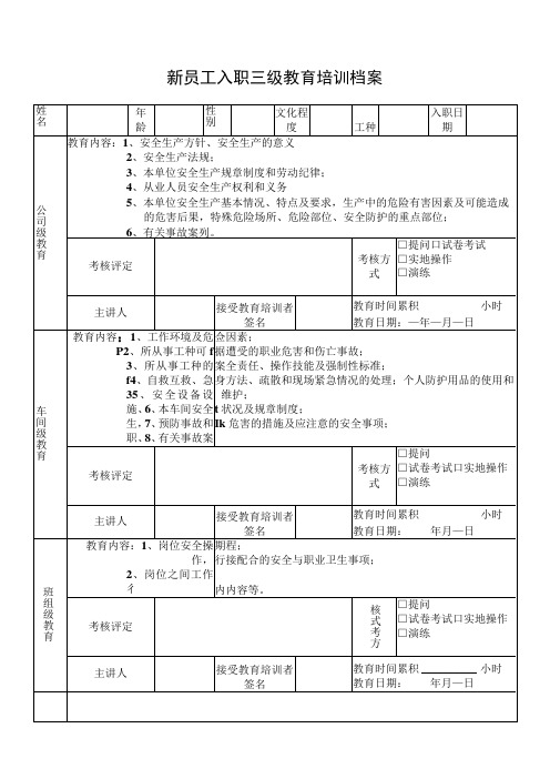 2023年三级教育培训记录卡与试卷