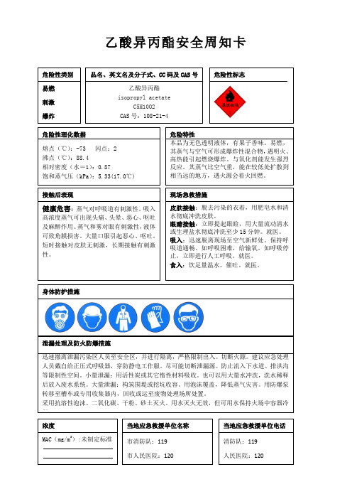 乙酸异丙酯安全周知卡、职业危害告知卡、理化特性表