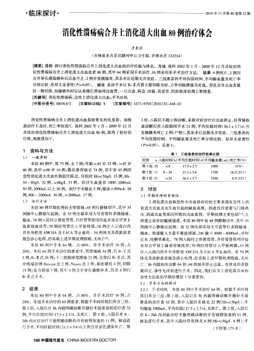 消化性溃疡病合并十消化道大出血80例治疗体会