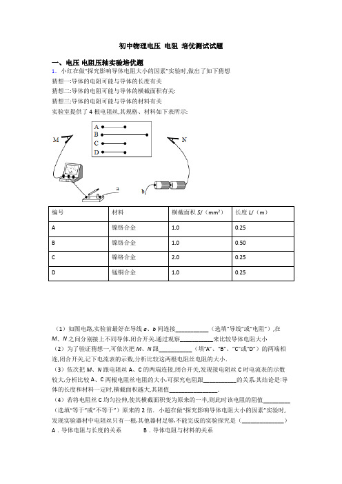 初中物理电压 电阻 培优测试试题