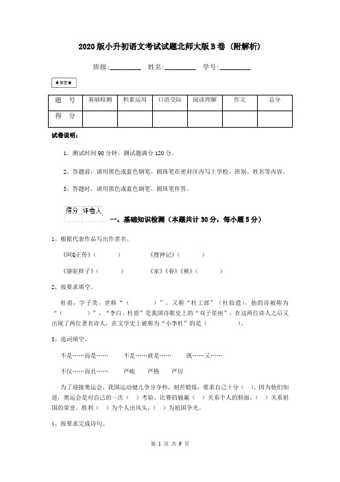 2020版小升初语文考试试题北师大版B卷 (附解析)