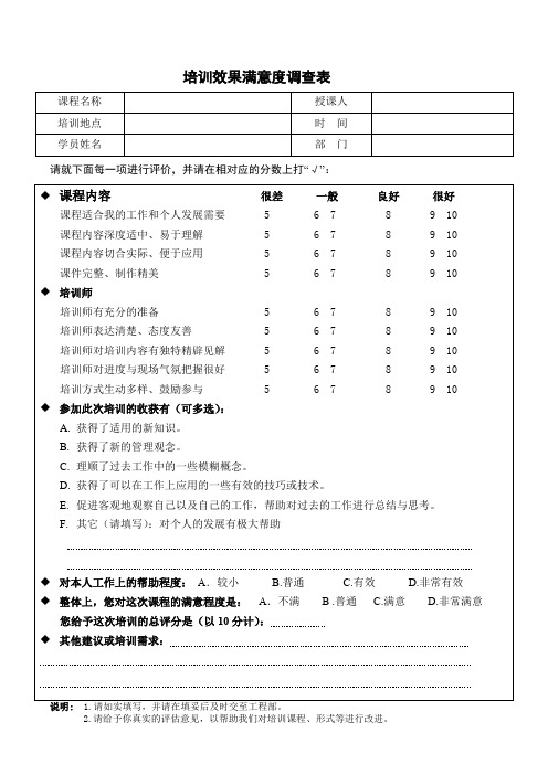 培训效果满意度调查表