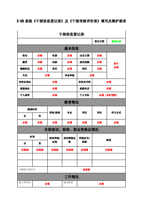 E-HR系统《干部信息登记表》及《干部考核评价表》填写及维护要求