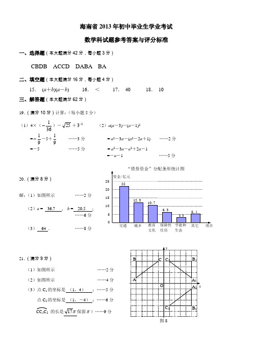 海南省2013年中考数学科试题参考答案与评分标准