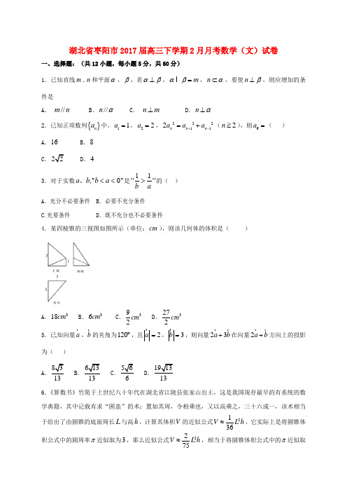 湖北省枣阳市2017届高三数学下学期2月月考试题文