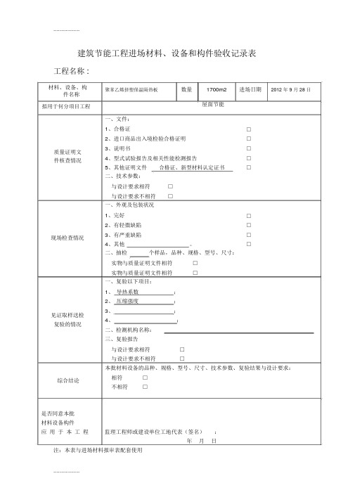 建筑节能工程进场材料、设备和构件验收记录表