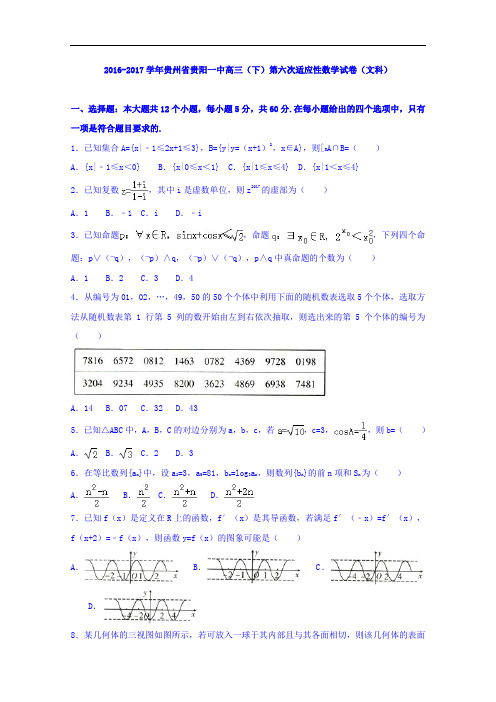 数学卷·2017届贵州省贵阳一中高三下学期第六次适应性数学试卷(文科)(解析版)