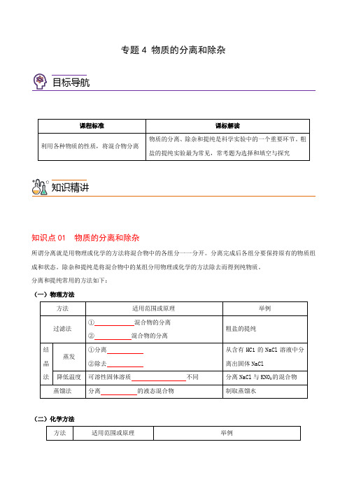 专题4物质的分离和除杂(学生版+解析)