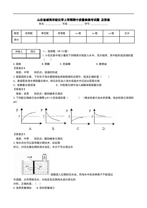 山东省威海市级化学上学期期中质量检测考试题 及答案.doc