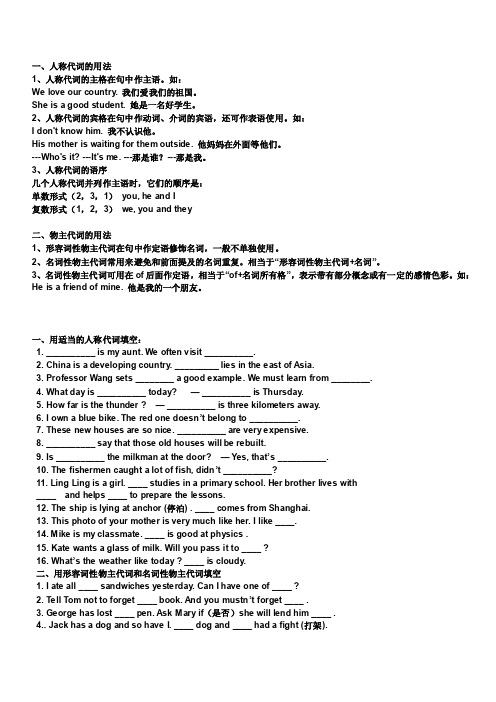 英语人称代词和物主代词专项练习（含答案）