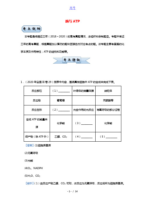 统考版2021届高考生物二轮复习备考小题提升精练4酶与ATP含解析