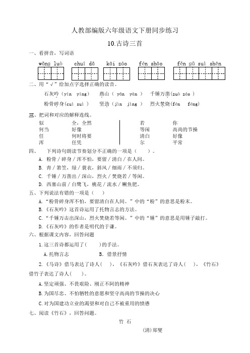 人教部编版六年级语文下册：同步练习10.古诗三首(有答案)