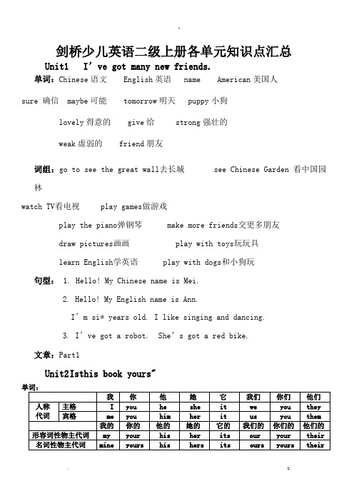 剑桥少儿英语二级上册各单元知识点汇总-打印版