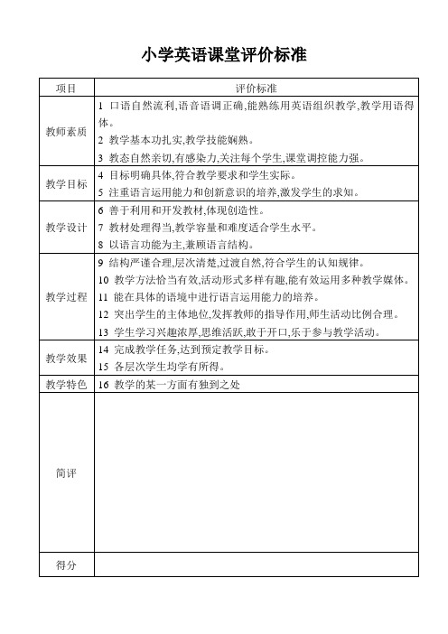 小学英语课堂评价标准