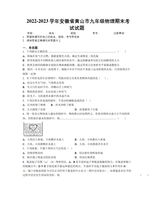 最新2022-2023学年安徽省黄山市九年级物理期末考试试题及解析