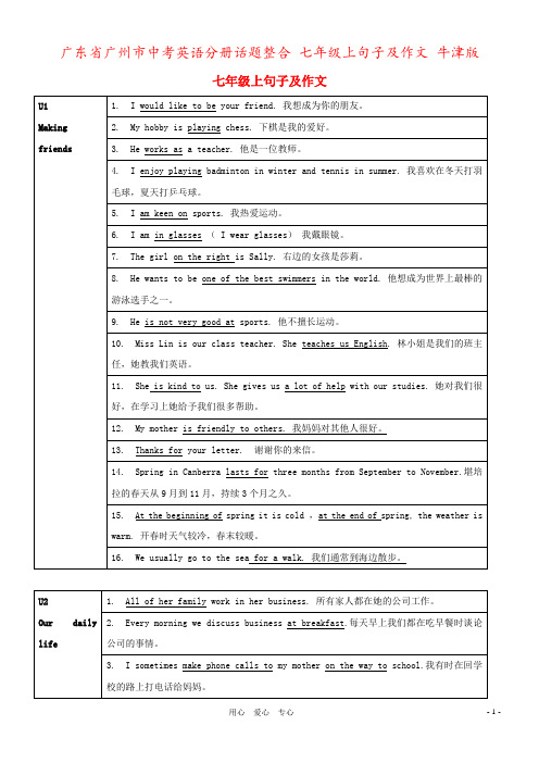 广东省广州市中考英语分册话题整合 七年级上句子及作文 牛津版