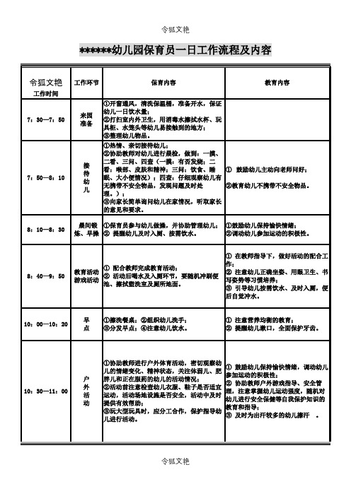 保育员一日工作流程及内容之令狐文艳创作