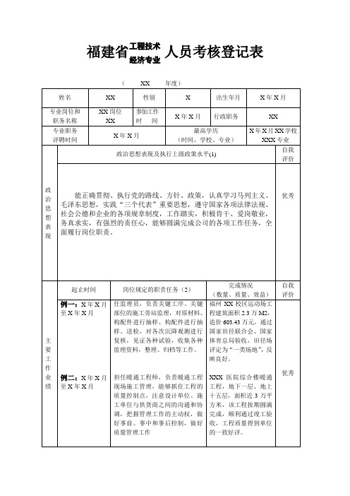 福建省工程技术人员考核登记表(样表)