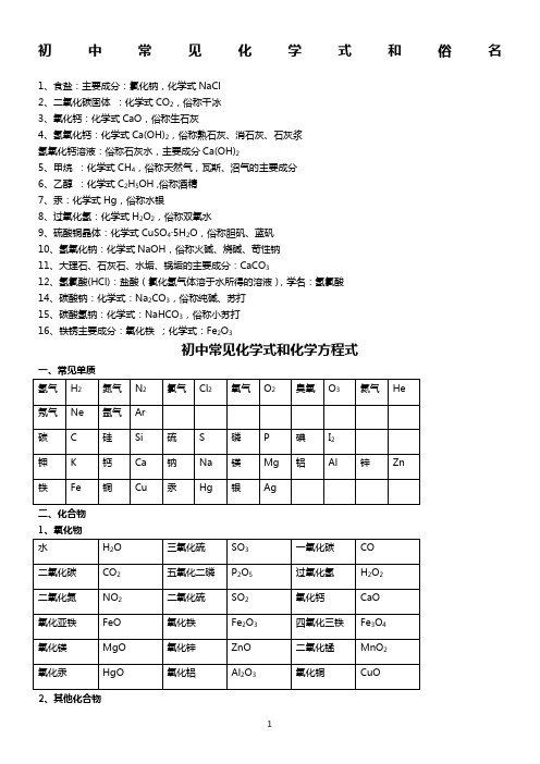 初中常用的化学式-、俗名和化学方程式