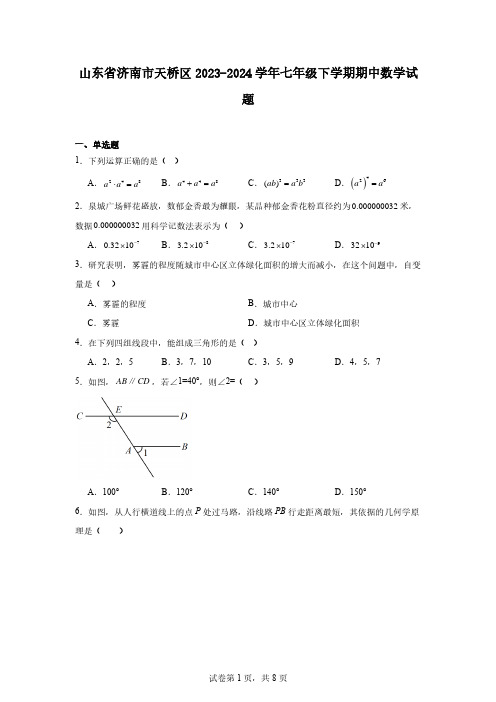 山东省济南市天桥区2023-2024学年七年级下学期期中数学试题