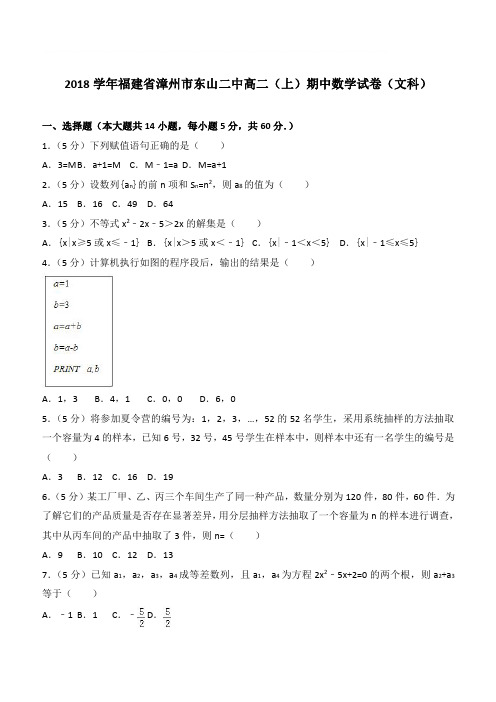 【精品】2018最新学年福建省漳州市东山二中高二上学期期中数学试卷和解析文科