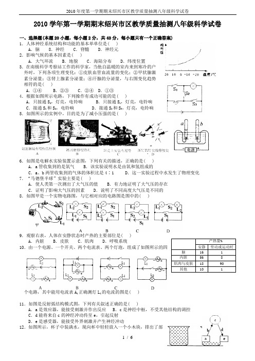 2010年度第一学期期末绍兴市区教学质量抽测八年级科学试卷