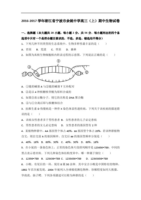 浙江省宁波市余姚中学2017届高三上学期期中生物试卷 Word版含解析