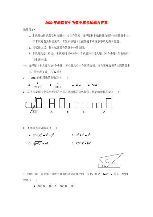 2020年湖南省中考数学模拟试题(含答案)