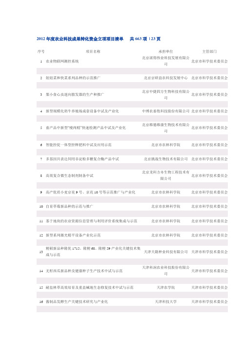 2012年度农业科技成果转化资金立项项目清单共663项