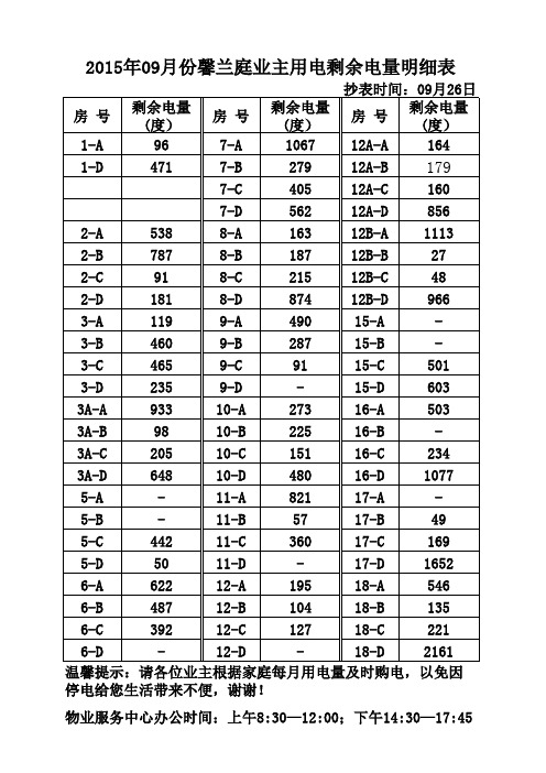 住户剩余电量统计表