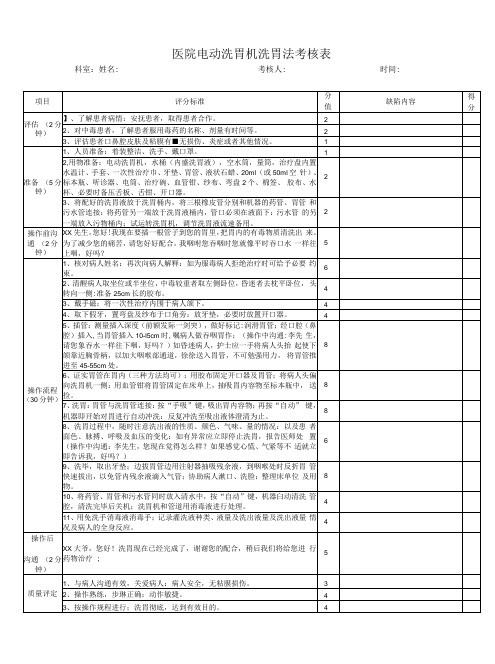 医院电动洗胃机洗胃法考核表