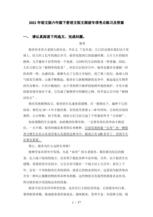 2021年语文版六年级下册语文短文阅读专项考点练习及答案