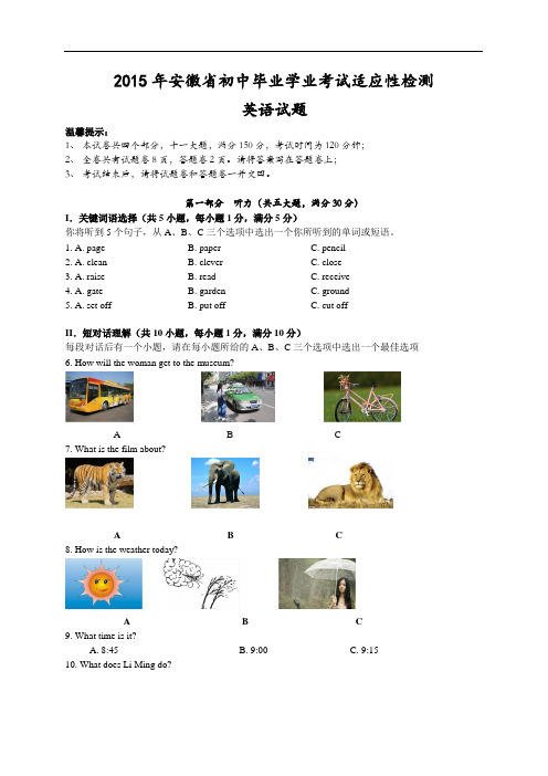 2015年安徽省初中毕业学业考试适应性检测