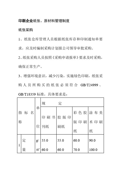 印刷企业纸张原材料管理制度