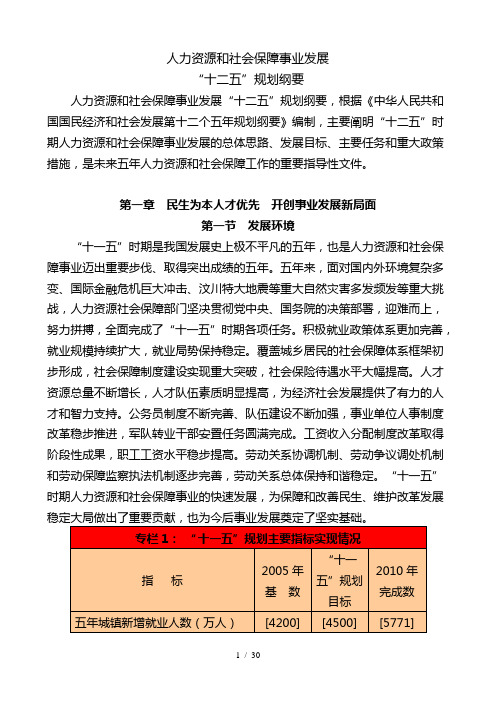 人力资源和社会保障事业发展十二五规划纲要