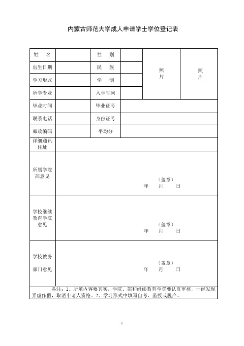 内蒙古师范大学成人申请学士学位登记表