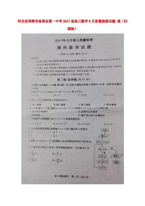 河北邯郸市曲周县第一中学2017届高三数学9月质量检测试题 理(扫描版)