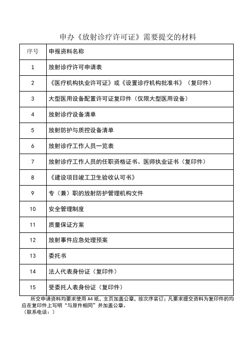 申办《放射诊疗许可证》需要提交的材料