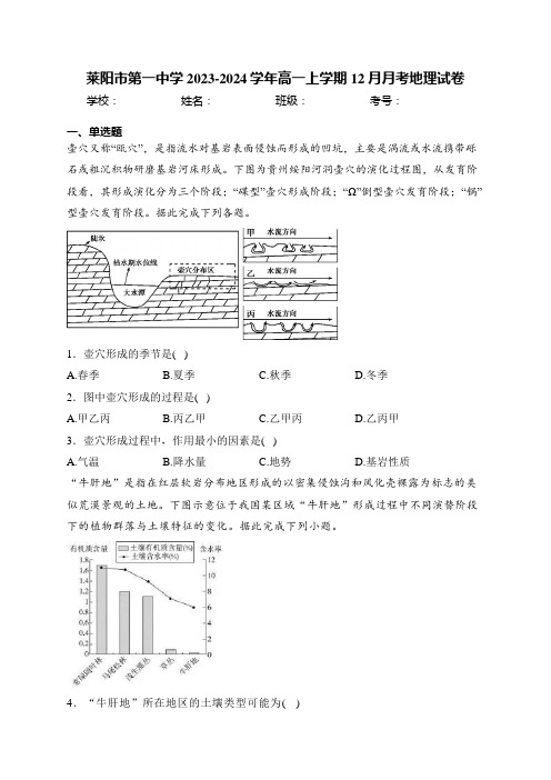 莱阳市第一中学2023-2024学年高一上学期12月月考地理试卷(含答案)