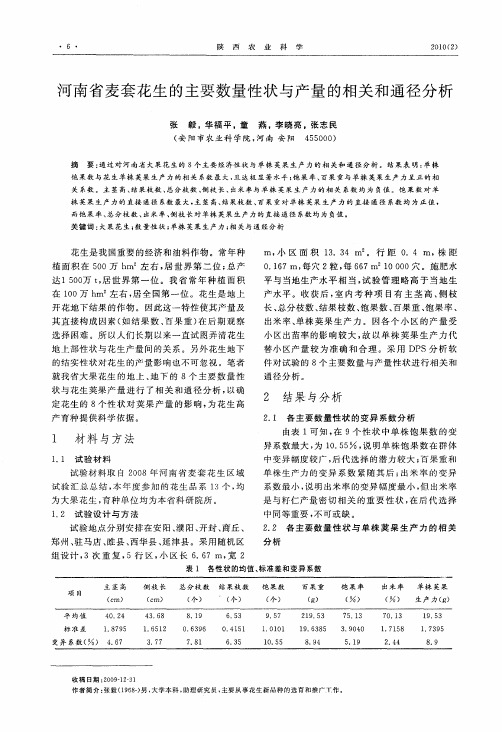 河南省麦套花生的主要数量性状与产量的相关和通径分析