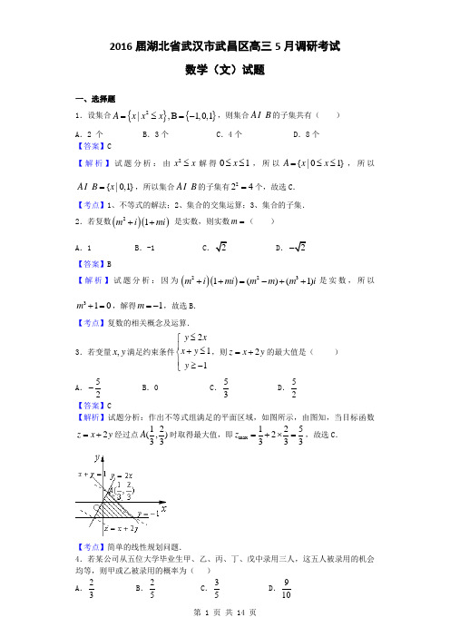 2016届湖北省武汉市武昌区高三5月调研考试数学(文)试题(解析版)