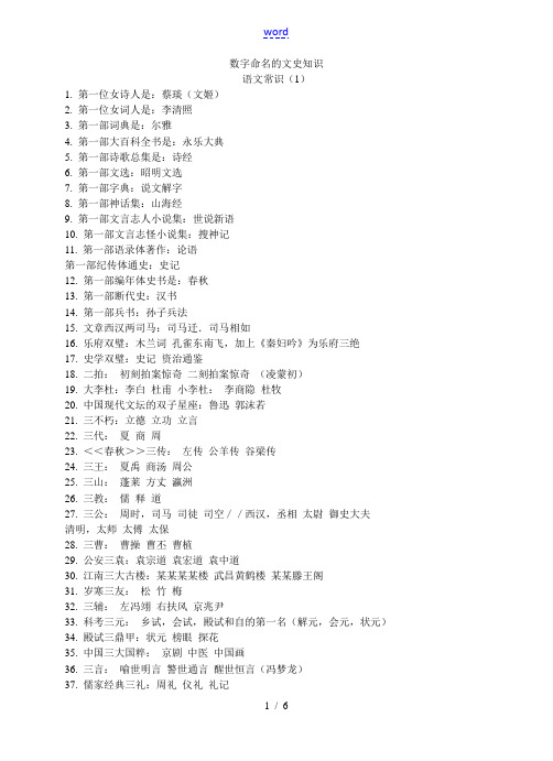 八年级语文数字命名的文史知识