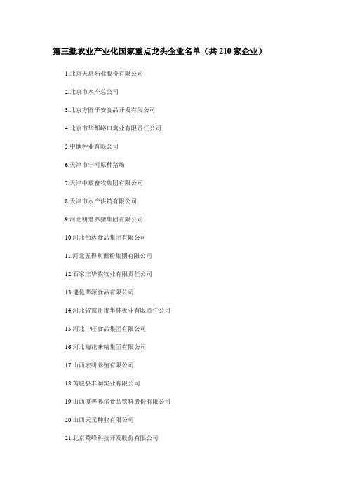 第三批农业产业化国家重点龙头企业名单(共210家企业)